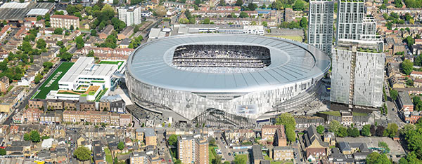 Luftfoto af Tottenham Hotspur Stadium og omgivelserne i Tottenham